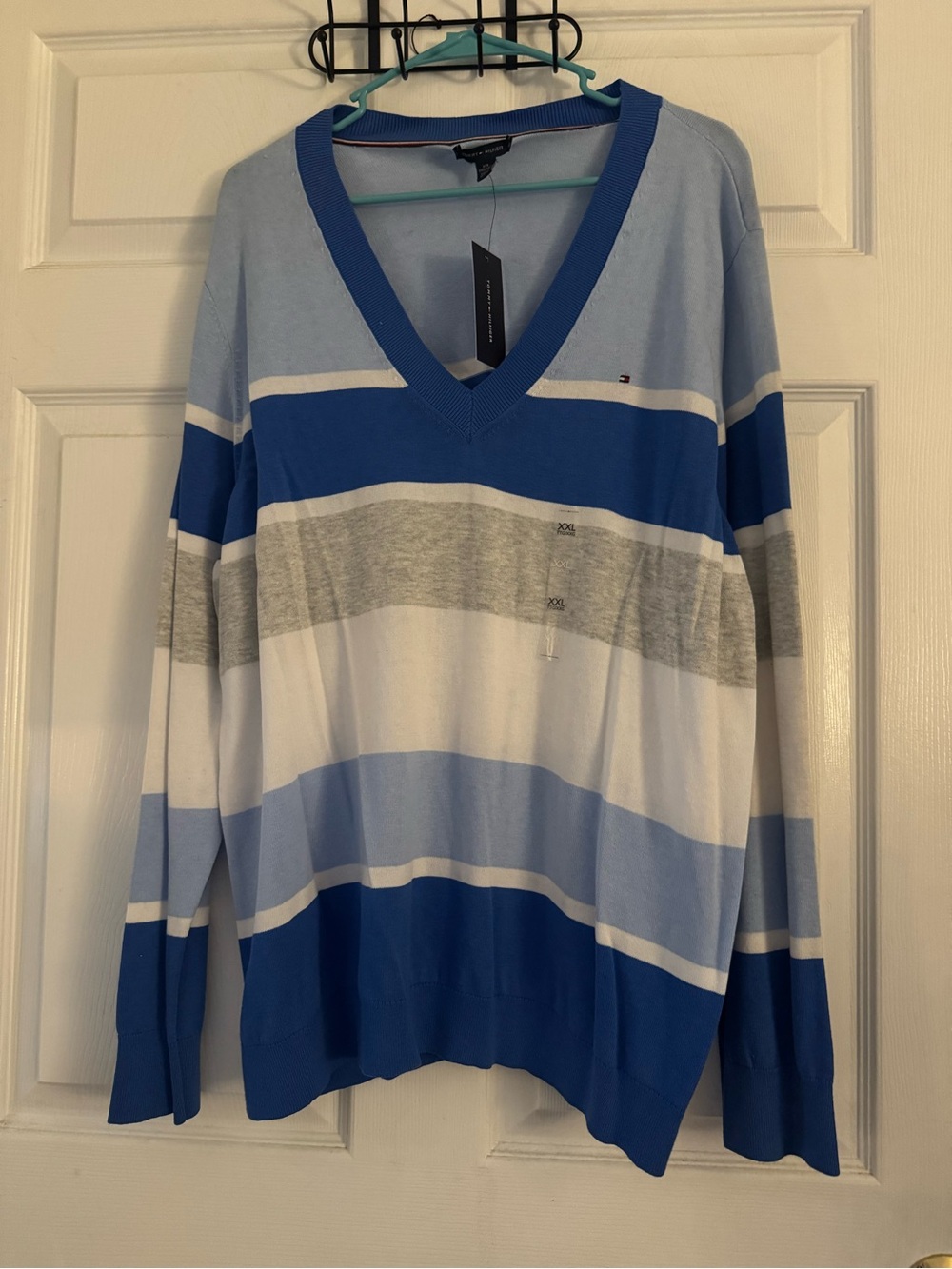Striped Tommy Hilfiger V-Neck Sweater in Blue, White & Gray